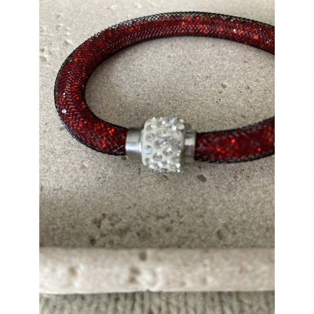 Red Crystal Tube Bracelet Mesh Rhinestone Barrel Clasp Sparkly Magnetic